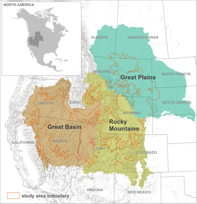 From Donnelly et al. 2019 - Sage-grouse range divided into different ecological regions based on mesic habitat sensitivity to drought. In the Great Basin and Rocky Mountains the majority of high elevation mesic rangelands are within publicly owned B…