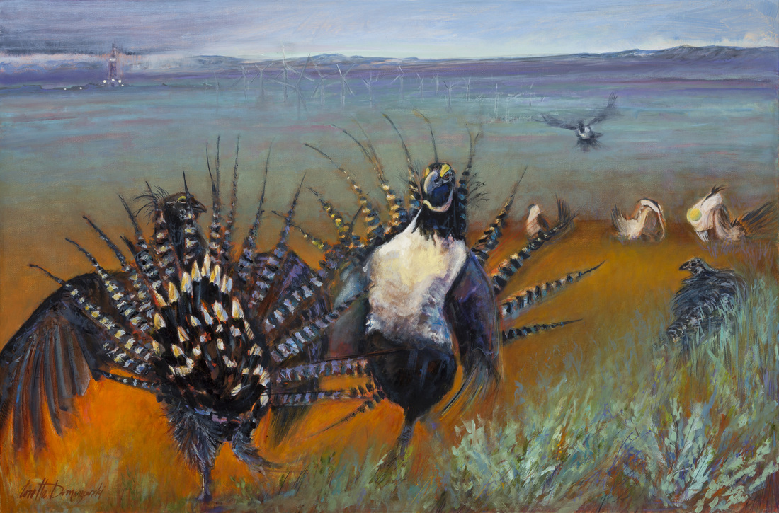 A painting of sage grouse by Loretta Domaszewski, republished here with permission.