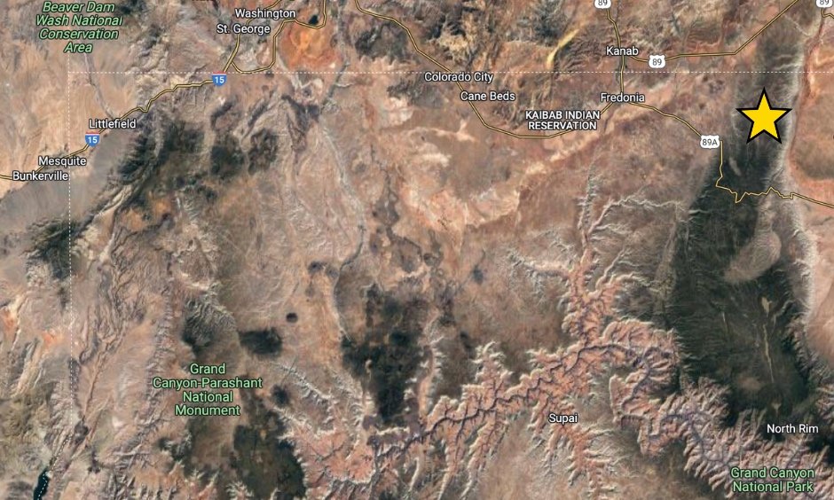 A satellite view of the BLM Arizona Strip District, with a yellow star highlighting the story area.