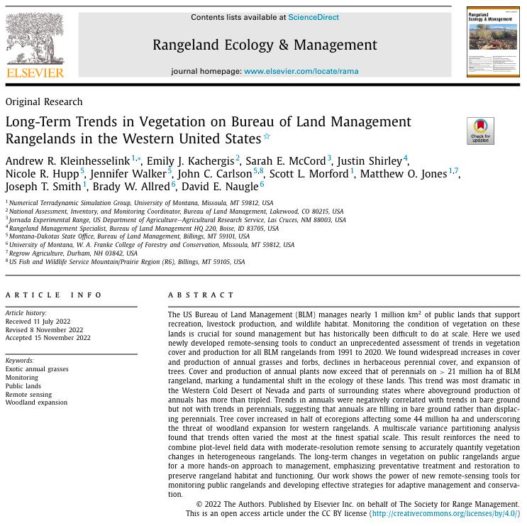 A screenshot of the new study "Long-Term Trends in Vegetation on Bureau of Land Management Rangelands in the Western United States"