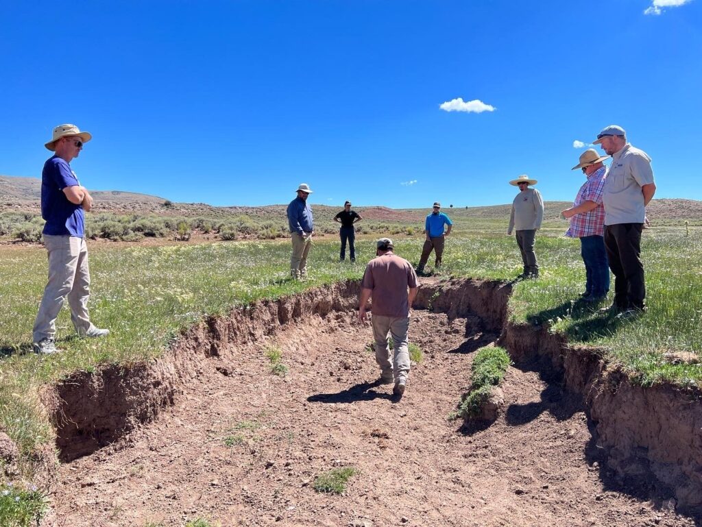 Field technicians stand around an incised streambed during a workshop in Utah
