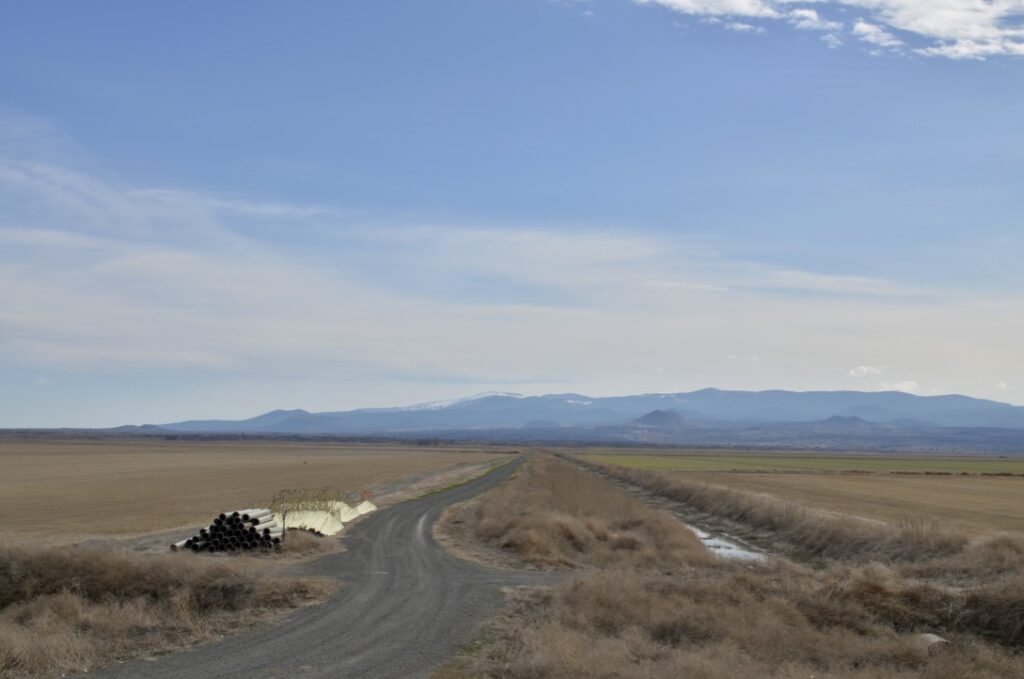 Irrigation pipeline rests in a pile next to a dirt road and a dry ditch.