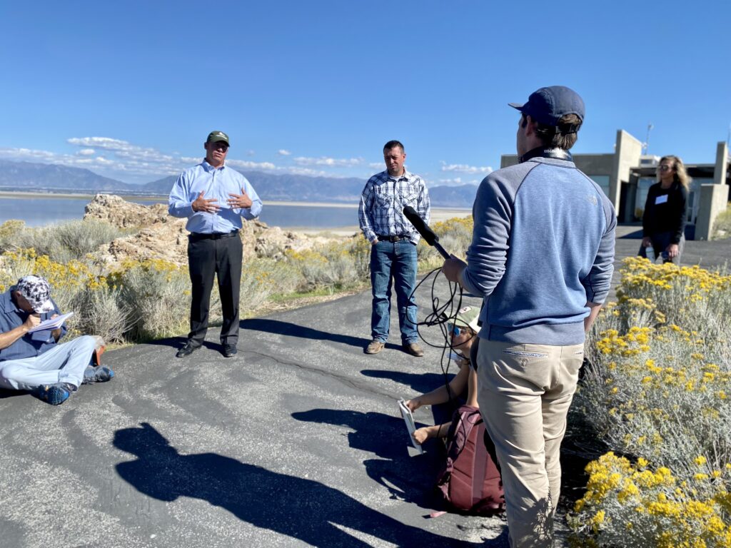 Joel Ferry speaks to journalists about the Great Salt Lake