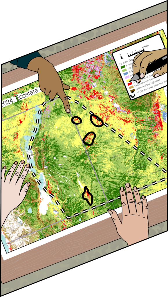Drawing of hands working together to prioritize areas to work on a map. The image signifies an approach to technical transfer.